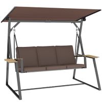 outsunny columpio de jardin exterior de 3 plazas con techo ajustable 2 bandejas cojines y marco de metal carga 360 kg marron