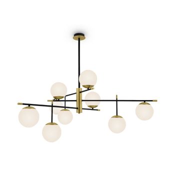 Lámpara colgante 9 luces negro dorado y esferas  de vidrio blanco