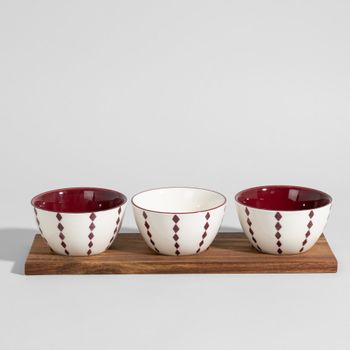 Set de 3 cuencos para aperitivos con bandeja de madera de acacia