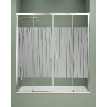 Mampara Bañera Frontal Corredera 2 Puertas - 2 Fijos Serigrafía | Cristal De 6mm | Antical | 140-180cm | Serigrafía - Cromo Brillo - Serigrafía  145 Cm (adaptable 139-144cm)