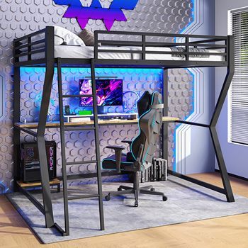 Cama Mezanine Cama Individual 90x200 Cm Iluminación De Ambiente Controlada Por Mando A Distancia Bandeja Para Consola De Ordenador Escritorio Enchufe Eléctrico + Usb Rampa Escalera Negra