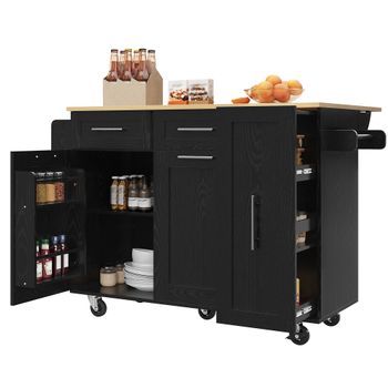 Isla De Cocina Negra Y Mesa De Comedor Plegable, Carrito De Servicio Multifuncional Con Ruedas, 110x74x90.5 Cm, Metal Y Mdf
