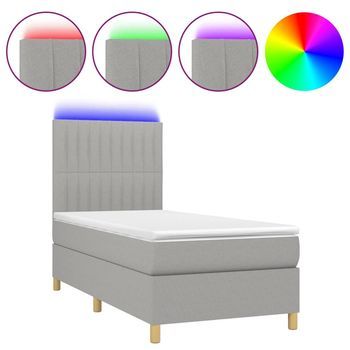 Cama Individual | Cama Box Spring | Cama Para Adultos Colchón Y Luces Led Tela Gris Claro 100x200 Cm