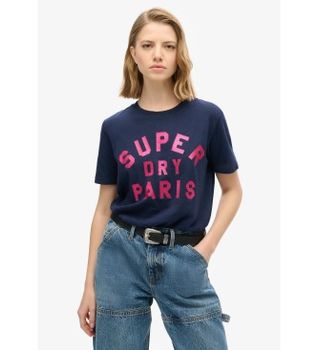 Superdry para mujer. W1011501A Camiseta purpurina marino (M), Casual, Algodón, Manga corta