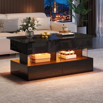 Mesa De Centro Elevable Para Salón, Negra, 100 X 50 X 46 Cm, Con Dos Cajones