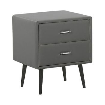 Mesita De Noche Tapizada En Piel Sintética Gris Con 2 Cajones Patas Negras Estilo Minimalista Moderno Essonne