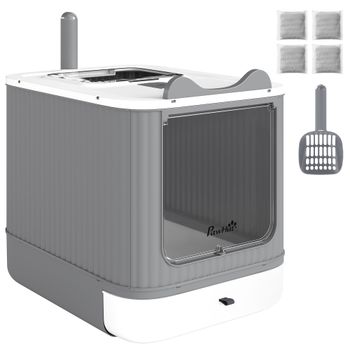 PawHut Arenero para Gatos Cubierto M con Tapa Abatible Salida Superior Pala Bolsas Desodorantes Fácil de Limpiar Blanco   Aosom España