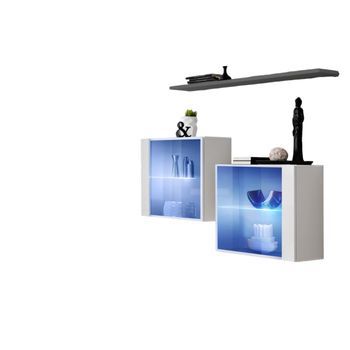Conjunto De Salón Switch Sbiii Blanco Brillante, Puerta De Vidrio Con Led Integrado, Estantería Gris, Diseño Moderno