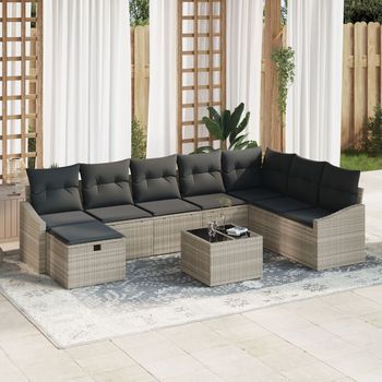Juego De Sofá De Jardín De 9 Piezas Con Cojines Gris Claro De Poliratán V7924 Unico / Beige