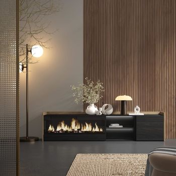 Mueble tv efecto madera negro roble 212x35x50cm chimenea efecto fuego