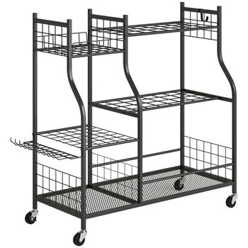Outsunny Organizador de Herramientas de Jardín de Acero de 3 Niveles, 74 Huecos, 4 Ruedas, 11 Ganchos, 104x40x95cm, Negro   Aosom España