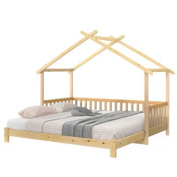 Cama De Casa Extensible Para Niños, Cama Individual Y Doble, Madera Maciza De Pino Fsc, Diseño De Casa Con Barandilla De Seguridad, Estructura Estable, Fácil De Instalar, Natural, 200x90cm