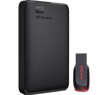 WD Elements Portable Hard Drive - 1 TB & SanDisk Cruzer Blade 16 GB USB, Black, Black