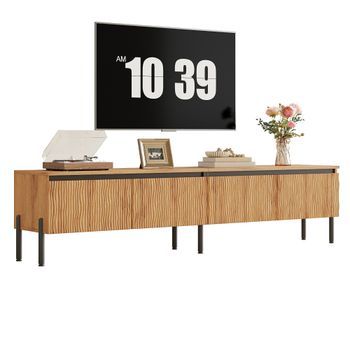 Mueble Para Tv De 180 Cm Con 4 Puertas Onduladas Y Pasacables, Estructura De Mdf, Mesa De Tv Color Natural