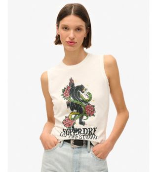 Superdry para mujer. W6011781A Camiseta sin mangas con strass Tattoo blanco (S), Casual, Algodón, Sin mangas / Tirantes