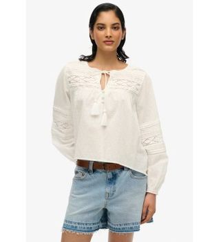 Superdry para mujer. W6012022A Blusa de encaje ibicenco blanco (M), Casual, Algodón, Manga larga