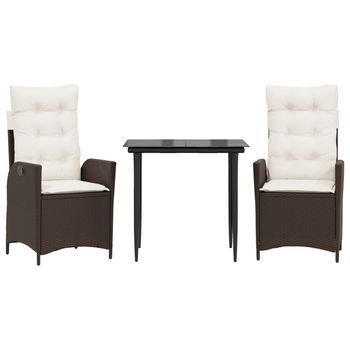 Set Comedor De Jardín 3 Piezas | Mueble De Jardín Y Cojines Ratán Sintético Marrón