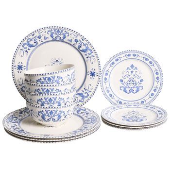 Vajilla De 12 Piezas De Porcelana Acabado Esmaltado Con Diseño Abstracto Para 4 Personas Comedor Cocina Blanco Y Azul Galangal