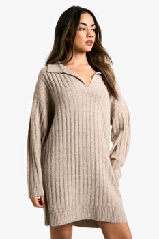 Vestido Holgado De Punto Con Cuello, Beige