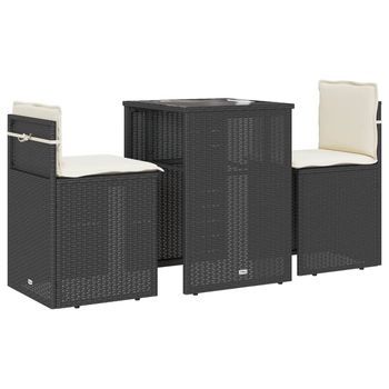 Mesita Y Sillas Bistró Con Cojines 3 Uds | Conjunto Mueble Jardin Ratán Sintético Negro
