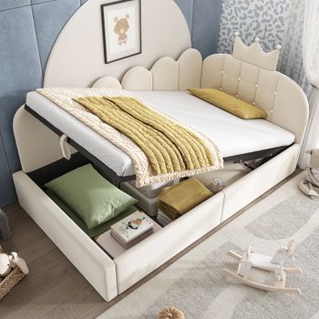 Cama Con Almacenamiento De 90 X 190 Cm Con Cabecero En Forma De L Con Diseño De Corona Y Celosía - Tejido De Terciopelo - Beige (colchón No Incluido)