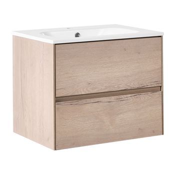 Mueble De Baño Suspendido Con Lavabo Frente De Mdf 2 Cajones 60 X 46 Cm Marrón Claro Vita