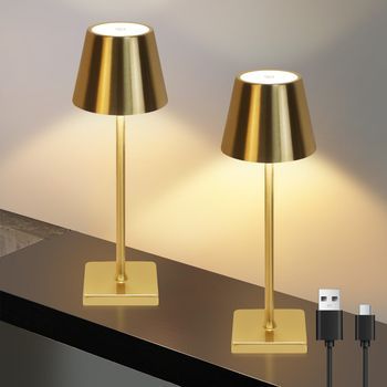Nettlife 2 X Lámpara De Mesa Led Dorada Vintage Lámpara De Noche Regulable Táctil Inalámbrica Con 3 Temperaturas De Color