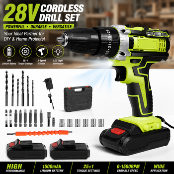 Taladro Atornillador Inalámbrico de 28V, 48Nm, 2 Velocidades 0-350/1350RPM, 2 Baterías de 1300mAh, Kit de Herramientas de 24 Piezas para Madera, Metal y Bricolaje en el Hogar
