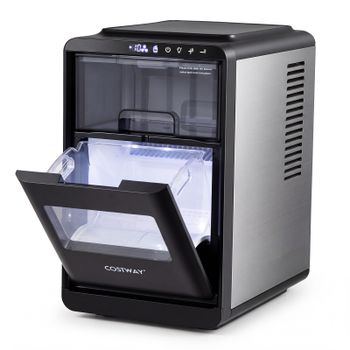 Costway Máquina de Hielo Sobremesa 12kg/24h con Grosor Ajustable Autolimpieza Panel Control Pala Cesta 16 Cubitos 15min para Bar Hogar Oficina