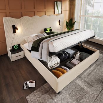 Cama Doble Tapizada Con Almacenamiento, Lámpara Led Y Cargador Usb Tipo-c, 180x200 Cm, Terciopelo Beige Y Blanco, Somier De Listones Incluido
