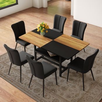 Conjunto De Mesa Y 6 Sillas - Comedor - Mdf, Metal Y Pu - Marrón Y Negro (160cm)