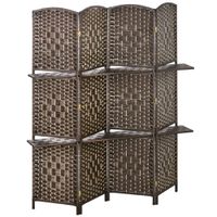 homcom biombo separador de ambientes 4 paneles 160x170 cm con 2 estantes de exhibicion pantalla de privacidad plegable marron