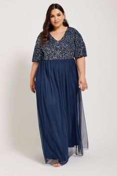 Luxe Vestido Largo Azul Oscuro Adornado Con Lentejuelas, Mujer Curvy Y Tallas Grandes, Luxe: Ultimate Embellishment