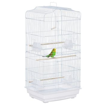 PawHut Jaula para Pájaros Pajarera de Metal con Puertas 4 Comederos 3 Perchas Columpio Bandeja y Asa de Transporte 46,5x35,5x92 Blanco   Aosom España