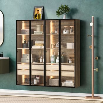 Conjunto De 2 Armarios - Mueble De Baño - Mdf Y Vidrio - Natural (74x36x155cm)
