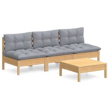 Conjunto De Muebles De Jardín 4 Uds | Mesa Y Sillas Y Cojines Madera Pino Gris