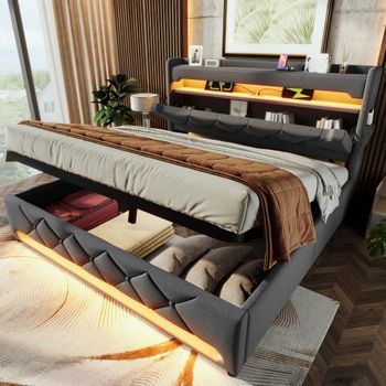 Cama Tapizada Doble 180x200 Cm Almacenamiento Usb Led 360º Somier Hidráulico Lino Gris