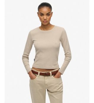 Superdry para mujer. W6012108A Camiseta Essential Logo beige (M), Casual, Algodón, Manga larga