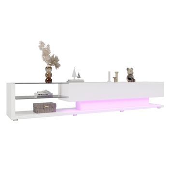 Mueble Tv Blanco Brillo 170 Cm, Mesa Tv Con Luces Led Y Estantes De Cristal, Aglomerado