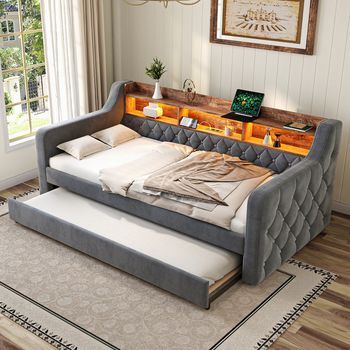 Cama Sofá 90x190 Gris Terciopelo, Almacenamiento, Led, Usb-c, Somier 12 Lamas, Metal-madera, Adolescente