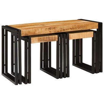 Mesa Nido 3 Piezas Madera De Mango Maciza Rugosa Y Un Metal