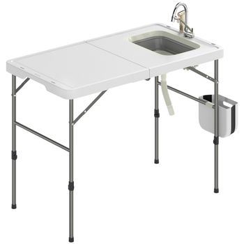 Outsunny Mesa Plegable para Limpiar Pescado con Altura Regulable Fregadero Grifo Manguera Cesta Plegable Ranuras y Bolsa   Aosom España