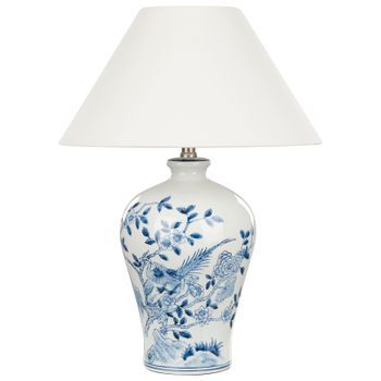 Lámpara De Mesa Clásica Con Pantalla De Tela De Lino Blanco Y Base De Porcelana Azul 55 Cm Magros