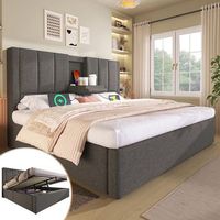 cama doble 140x190 cm  lino gris portavasos usb almacenamiento bajo cama sin colchon