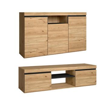 Set Naturale Salón Comedor, Mueble Auxiliar, Buffet-mueble Tv 140cm Roble Negro Nórdico