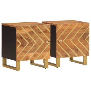 Pack 2 Uds Mesitas De Noche | Mesa Auxiliar | Mesilla Madera Maciza De Mango Marrón Y Negro