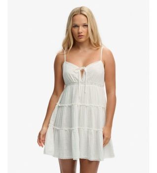 Superdry para mujer. W8012115A Vestido mini escalonado de gasa blanco roto (XXS), Casual, Sin mangas / Tirantes