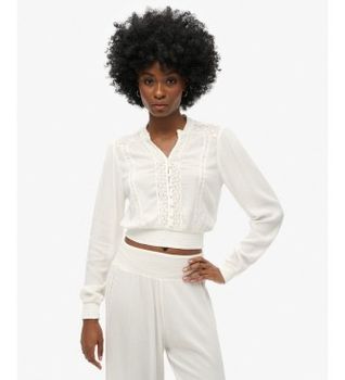 Superdry para mujer. W6011796A Blusa Lace Trim Smocked blanco (XL), Casual, Algodón, Manga larga