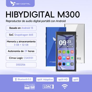 Reproductor de música HiBy Digital M300 Android 13 HiFi Bluetooth WiFi 32GB DSD256 PCM768 Radio Web Micrófono Dual Altavoz 29 horas Salida de 3.5mm