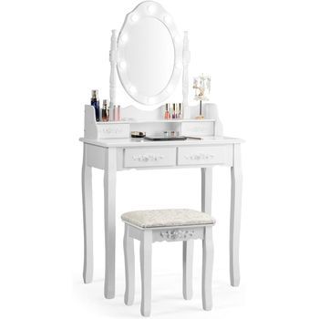 Tocador De Maquillaje Con Taburete Espejo Giratorio Y Led Costway 75 X 40 X 146 Cm